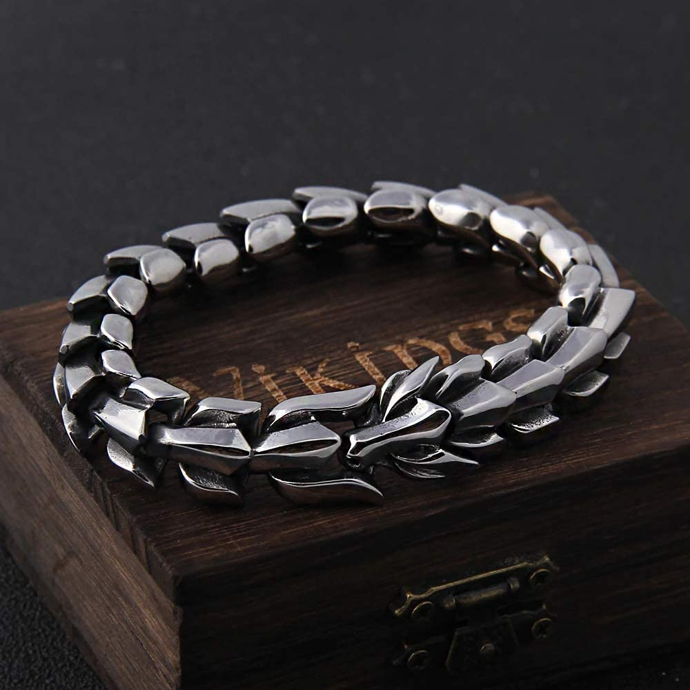 Ouroboros, Jormungandr Vikings Bracelet, Dragon Chain Vikings, Gothic, Motorcyclist, Stainless Steel Heavy Duty Bracelet for Men